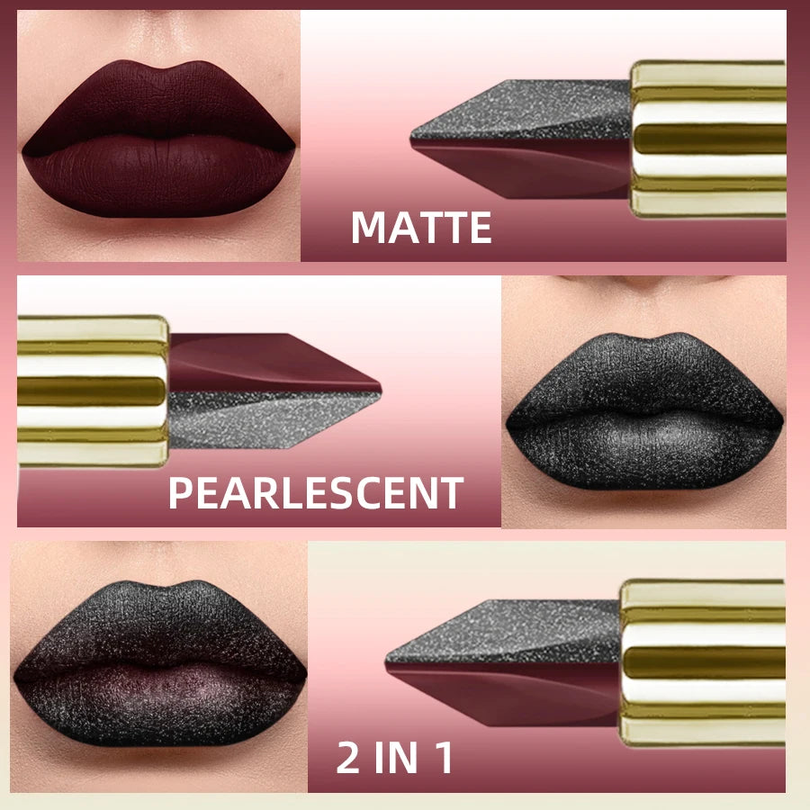 Two-tone Sexy Red&black Lipstick Glitter&matte Lip Sticks Nonstick Qme