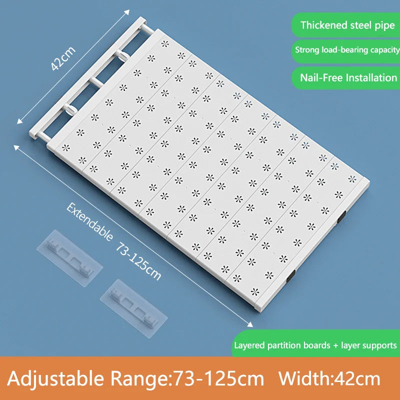 No-Drill Expandable Shelf Dividers Adjustable Wardrobe Cabinet Organizers Kitchen/Bathroom Storage Rack Dorm Space-Saving Qme 73-125cm 42cm