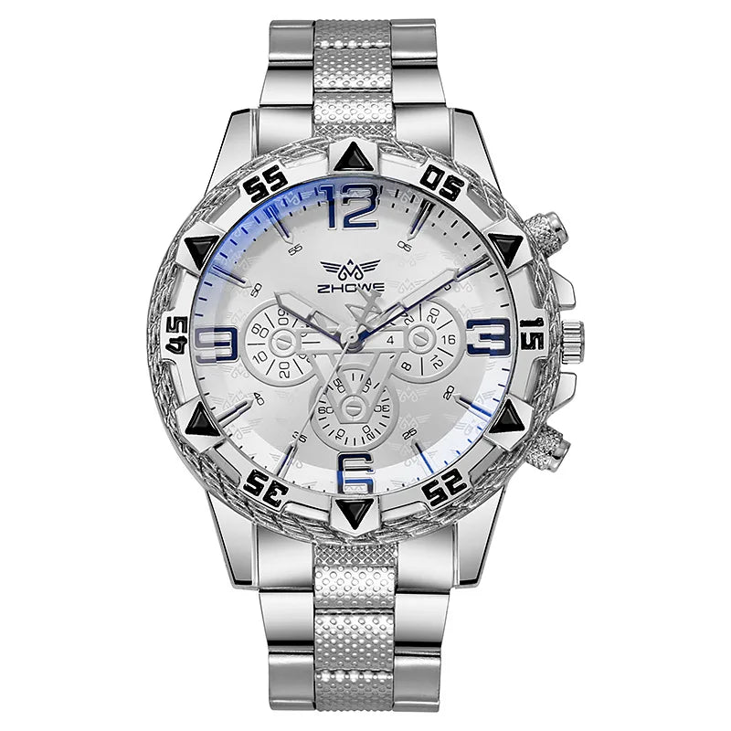 Men's Watch Blue Light Glass Quartz Watch Fashion Classic Watch Fake Three Eye Digital Alloy Watch Qme Silver White