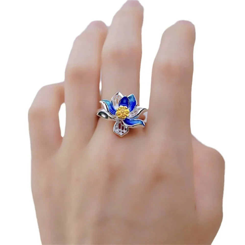 Retro Ethnic Landscape Blue Enamel Lotus Ring Adjustable Minimalist Thai Silver Fashionable Vintage Loop Ring Jewelry Qme