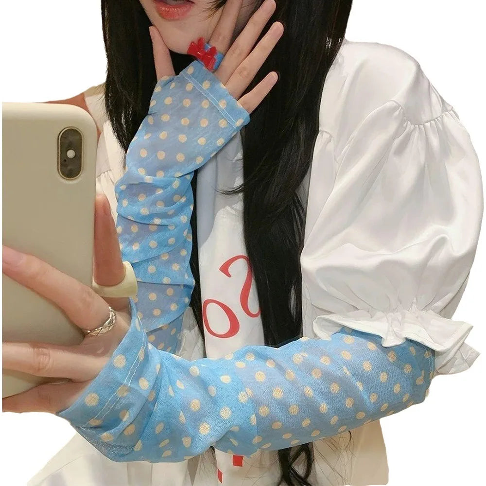 Korean Style Polka Dot Sunscreen Sleeves Mesh Loose UV Protection Sleeves Comfortable Breathable Outdoor Arm Covers Driving Qme Blue