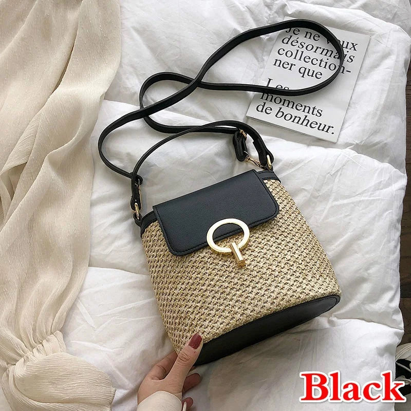 Small Straw Bucket Bags Women Summer Crossbody Lady Travel Purses Qme Black