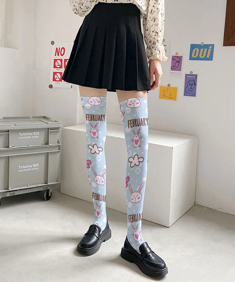 Cartoon Bear Rabbit Pattern 3D Printing Ladies Stockings Kawaii Sweet Qme