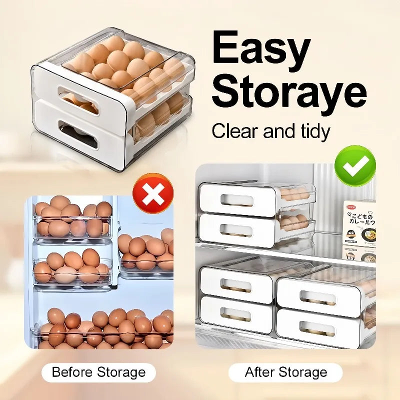 Double-layer Capacity Pull-out Drawer Refrigerator Egg Storage Box Egg Storage Fresh-keeping Box 32 Grid Egg Box Qme