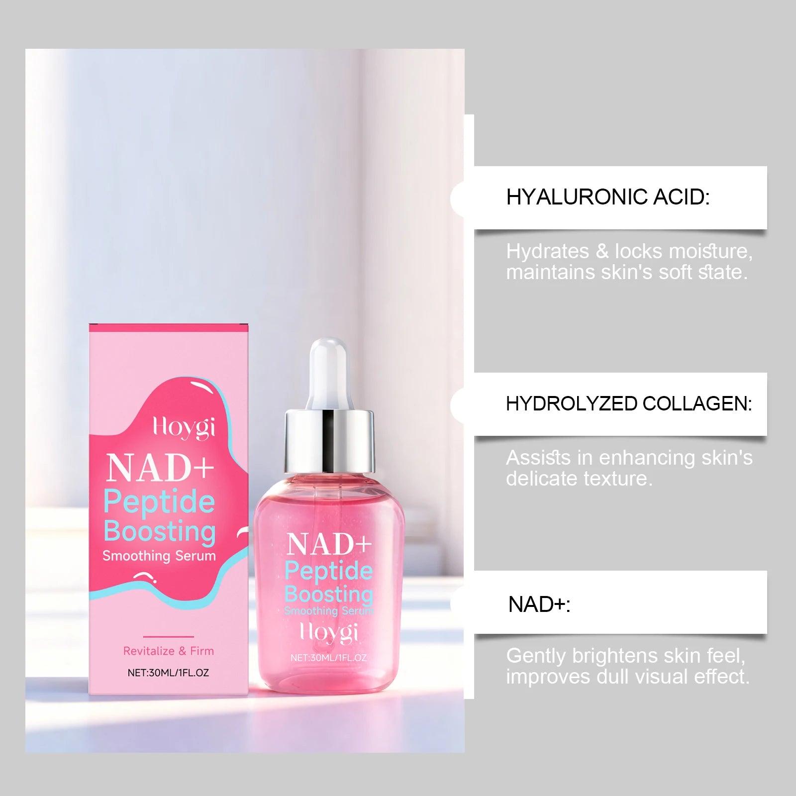 NAD+ Peptide Boosting Smoothing Serum Firming Hydrating Anti-Aging Serum Radiant Glow Face Essence Hyaluronic Acid Brightening Qme