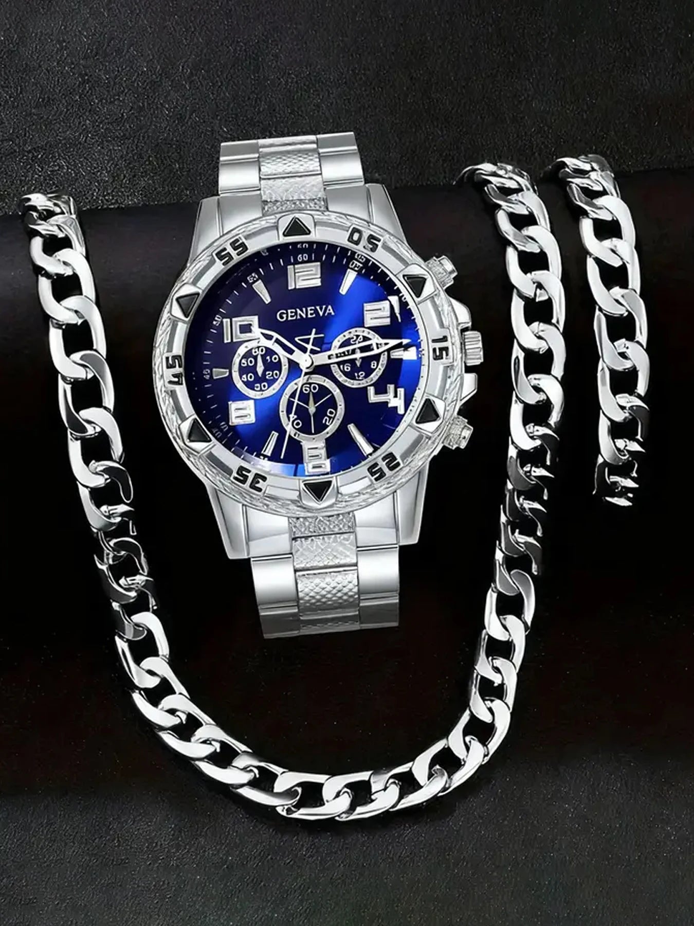 3Pcs All Gold Geneva Triple Sub-dial Watch Thick Cuban Chain Bracelet Set Qme Coffee