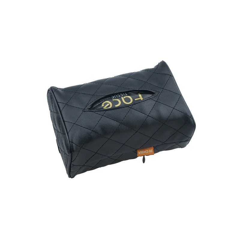 Solid Color Checkered Leather Wear-Resistant Tissue Box Car Seat Back Sunshade Hanging Tissue-Bag Buckle Strap Easy Installation Qme Black