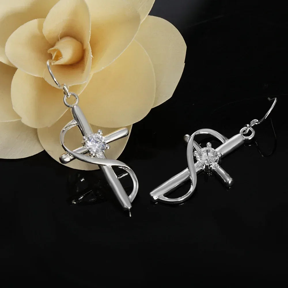 High Quality 925 Sterling Silver Earrings Fashion Jewelry Elegant Woman Crystal Cross Drop Earrings Trendsetter Christmas Gift Qme