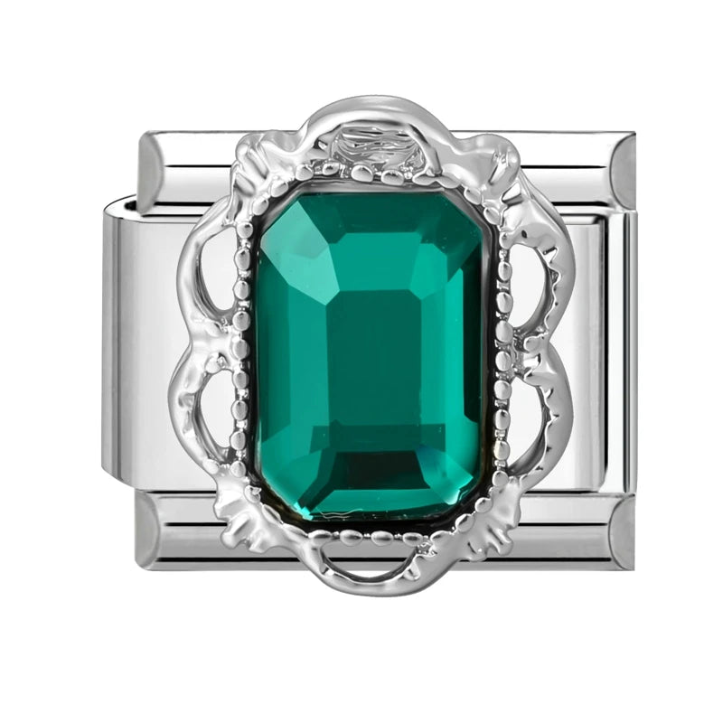 Trendy Green Emerald Inlay Zircon Shiny Italian Charm Link Fit 9mm Stainless Steel Bracelet DIY Making Men Women Jewelry Gifts Qme Style 2