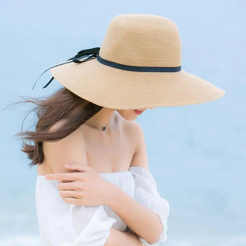 Women Summer Straw Hat Foldable Wide Brim Sun Protection Beach Korean Qme