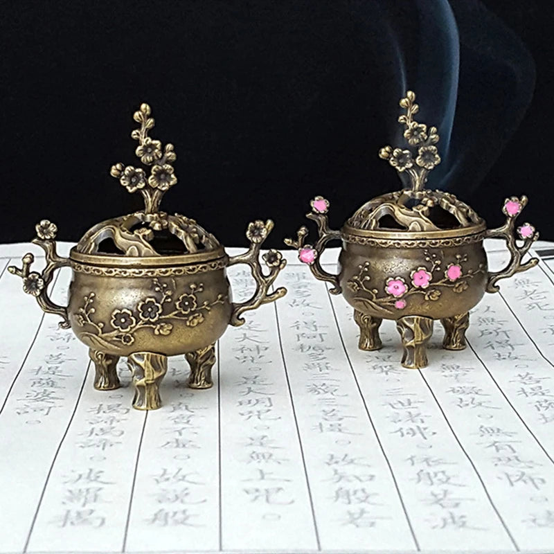 Mini Plum Blossom Lucky Incense Burner Metal Lotus Bowl Holder Handle Qme