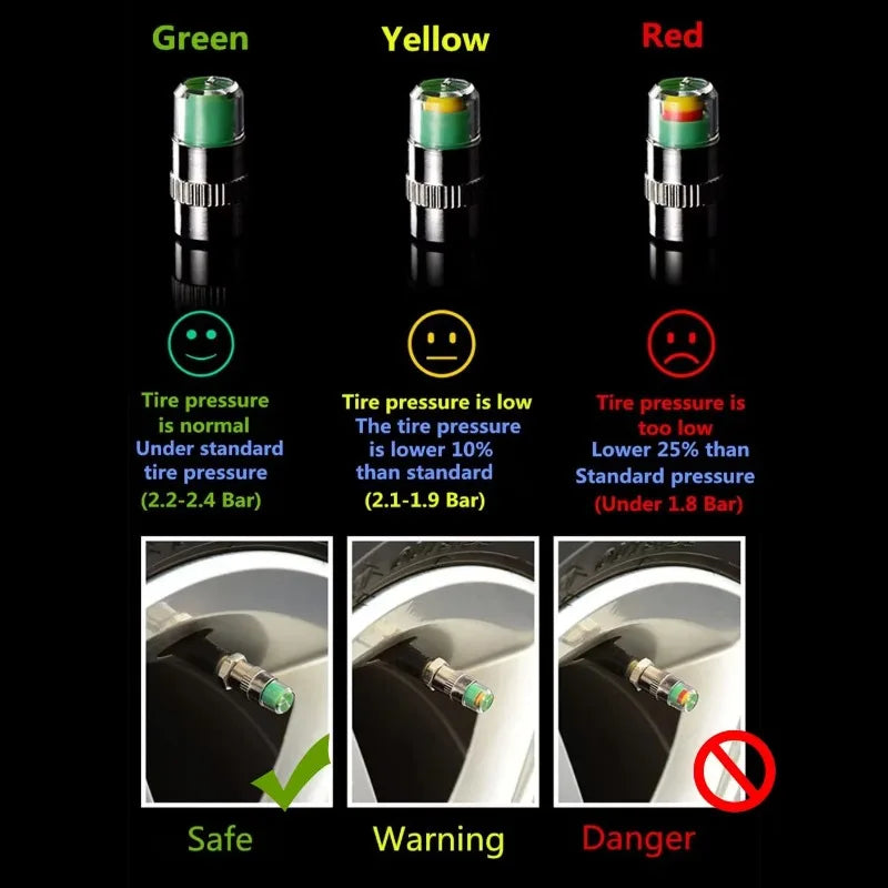 4Pcs 2.4 Bar Car Tire Pressure Guage Cap Sensor Indicator Alert Monitoring Tool Tyre Cap Indicator Alert Air Pressure Gauge Qme