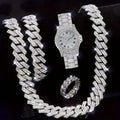 4pcs Men's Hip Hop Diamond Bracelet Set, Ring Set, Men's Watch Gift Set Qme Silver