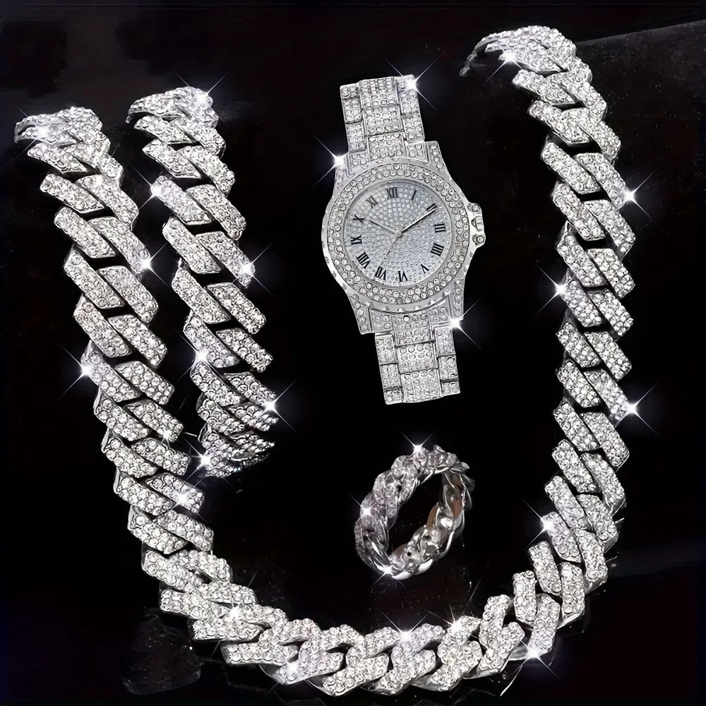 4pcs Men's Hip Hop Diamond Bracelet Set, Ring Set, Men's Watch Gift Set Qme Silver
