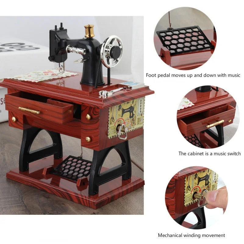 Vintage Music Box Mini Sewing Machine Mechanical Christmas Gift Table Decor Musical Toy Qme