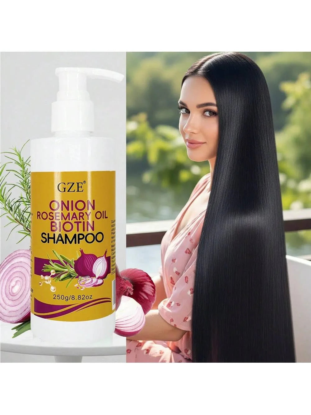 GZE Nourishing Onion & Biotin Shampoo with Rosemary Oil - For Strengthened, Silky Hair, Frizz Control & Scalp Care Qme
