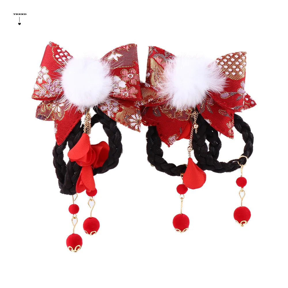 Elegant Sweet Cloth Hanfu Headdress Tang Suit Tassel Chinese Style Wig Braid Hairpin Side Clip Bow Hairpin Hair Accessories Qme