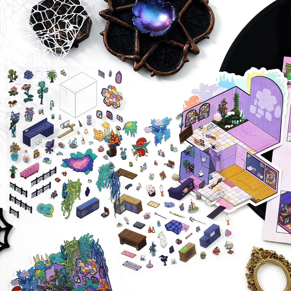 3 Sheets/Bag Fantasy House Miniature Scene Stickers PET+White Card 2.5D Stress Relief Game Stickers for DIY Craft, Birthday Gift Qme