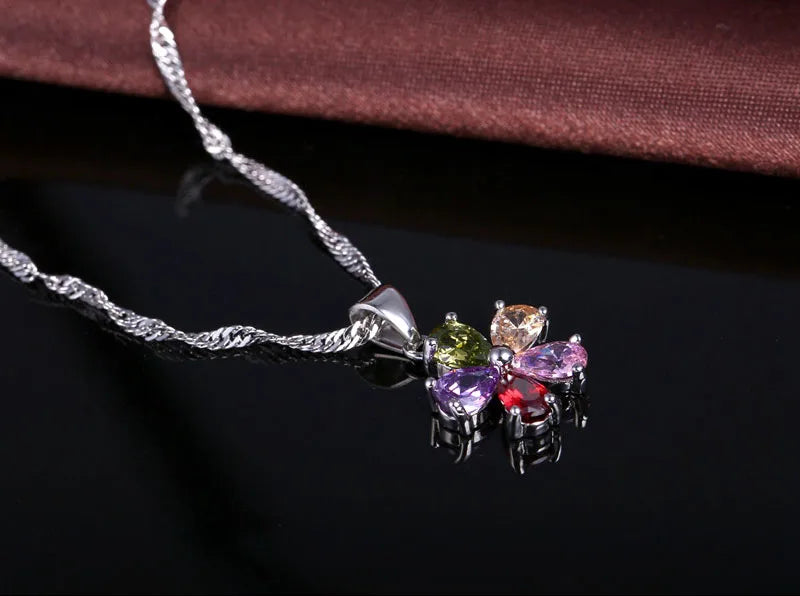 Pendant Necklace Hoop Earrings Ring Jewelry Set 925 Sterling Silver Color Austrian Colourful Crystal Lover Gift For Anniversary Qme