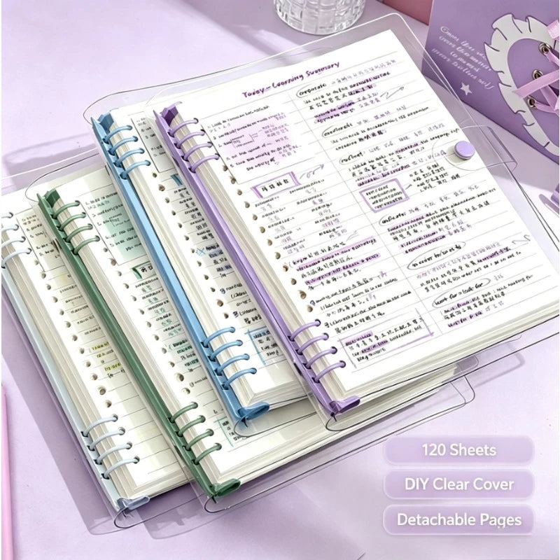60 sheets of 120-page transparent soft leather loose-leaf notebooks with detachable ring covers and horizontal lines A5 Qme