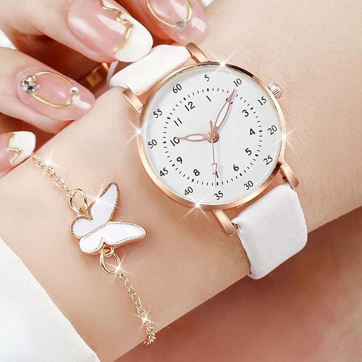 6 Pçs/set Relógio de Quartzo Feminino Moda Mostrador Árabe Pulseira de Couro Relógio de Quartzo Conjunto de Jóias (Sem Caixa) Qme