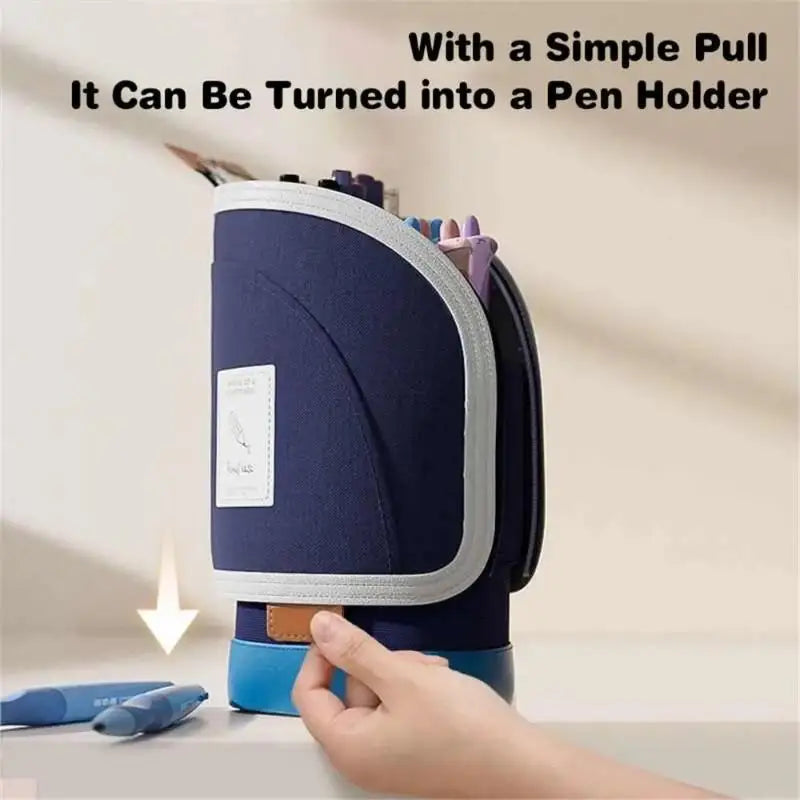 2-in-1 Portable Vertical Student Pencil Bag Pen Holder Standing Case Qme