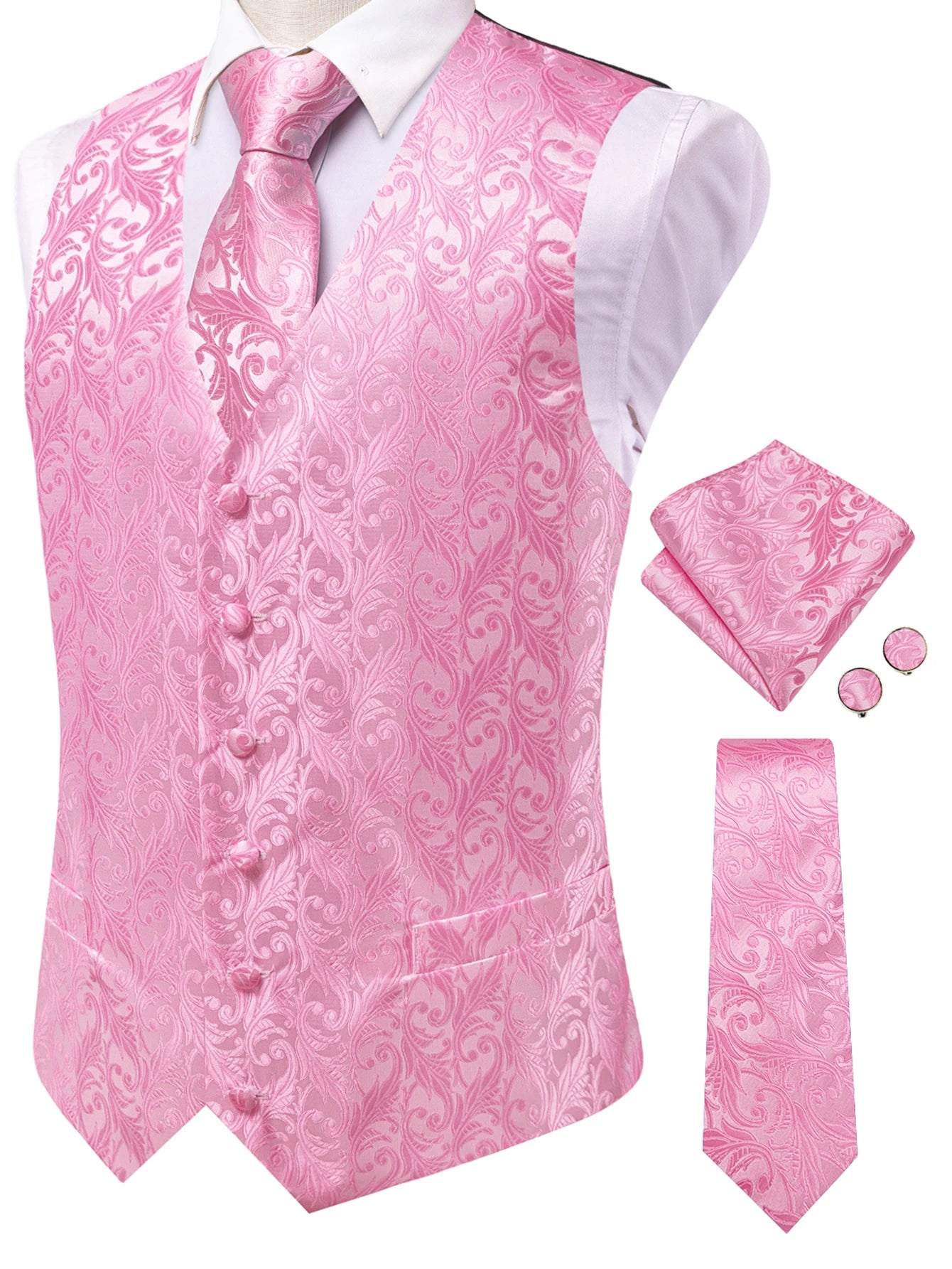 Men's Classic Floral Vest Tie Hanky Cufflinks Waistcoat Weddings Qme HT-MJ-0202 XXXL