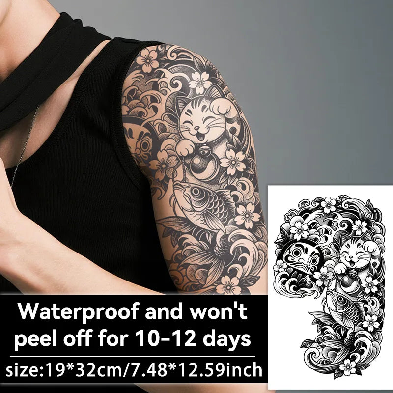 Lucky Cat Koi Fish Tattoo Sticker Waterproof Temporary Tattoo Japanese Style Dominant Design for Shoulder Chest Qme