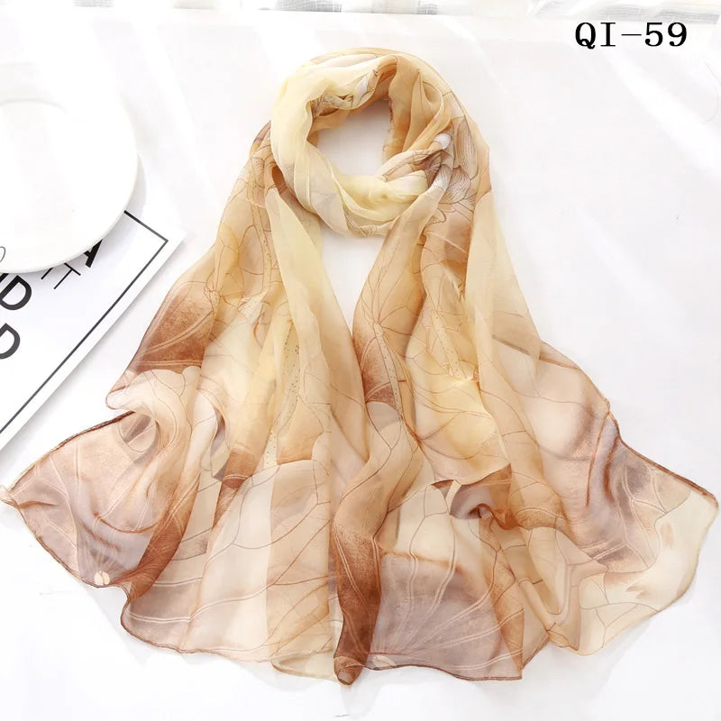Painting Lotus Beach Sun Protection Chiffon Georgette Scarf Women Foulard Scarf Shawls Female Long Wraps Beach Sunscreen Hijab Qme
