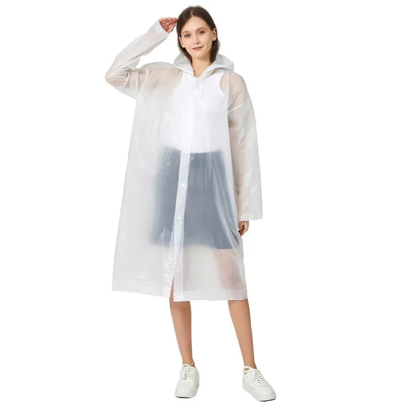 Adult Solid Color Button Raincoat with Hooded Waterproof Windproof Eva Thickened Whole Body One-piece Raincoat Home Essential Qme White One Size