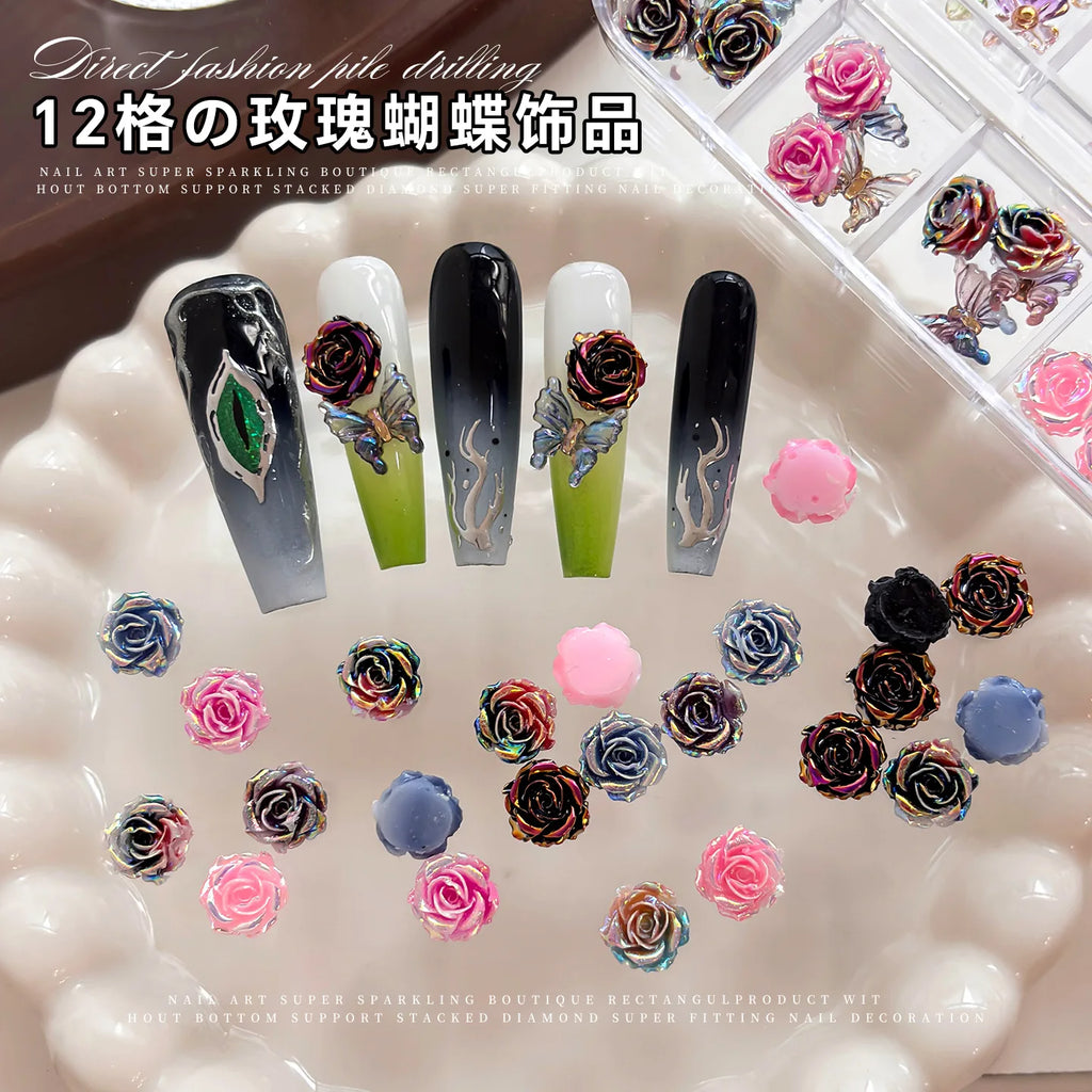 3D Rose Butterfly Nail Charms, Resin Gradient Rose Camellia Flower Insect Flat Back Nail Art Decorations for DIY Press on Nails Qme