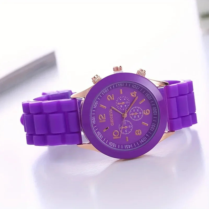 Stylish Round Pointer Quartz Watch, Triple Dial Silicone Watchband Sports Wristwatch For Women And Men, Ideal choice for Gifts Qme purple