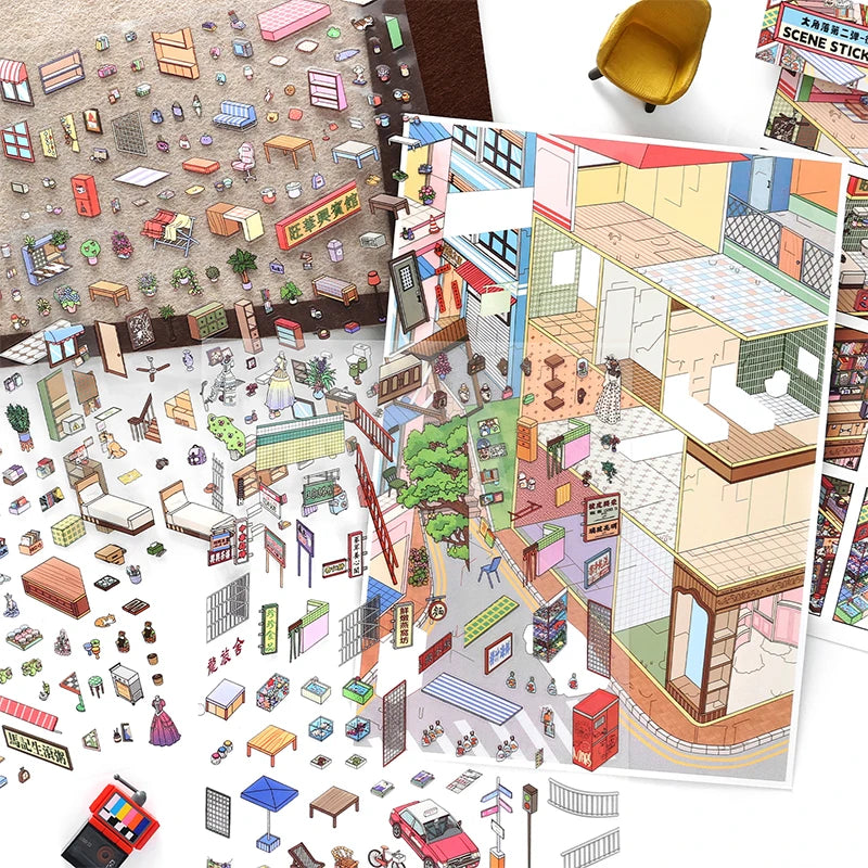 Oversized Street Scene Stickers, 3D Greeting Card DIY, High-Value Stationery Gift, Perfect for Leisure Time & Art Collection Qme