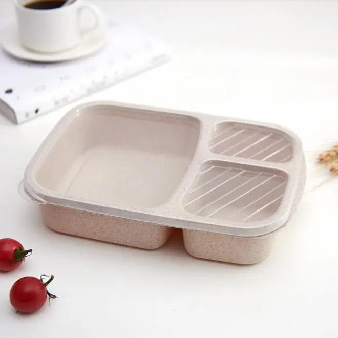 Portable Lunch Wheat Straw Box Single Layer 3 Grid Lid Microwave Food Qme Beige 1Pcs