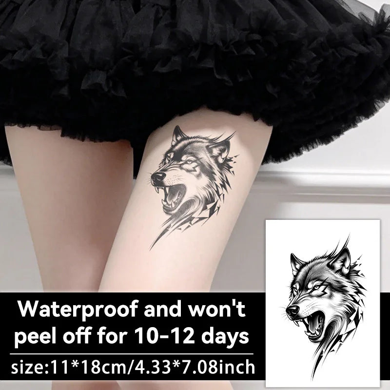 Tattoo Sticker Temporary Waterproof Long Lasting Body Art for Men Women Ins Scar Fake Tattoo Collarbone Arm Wolf Head Pattern Qme
