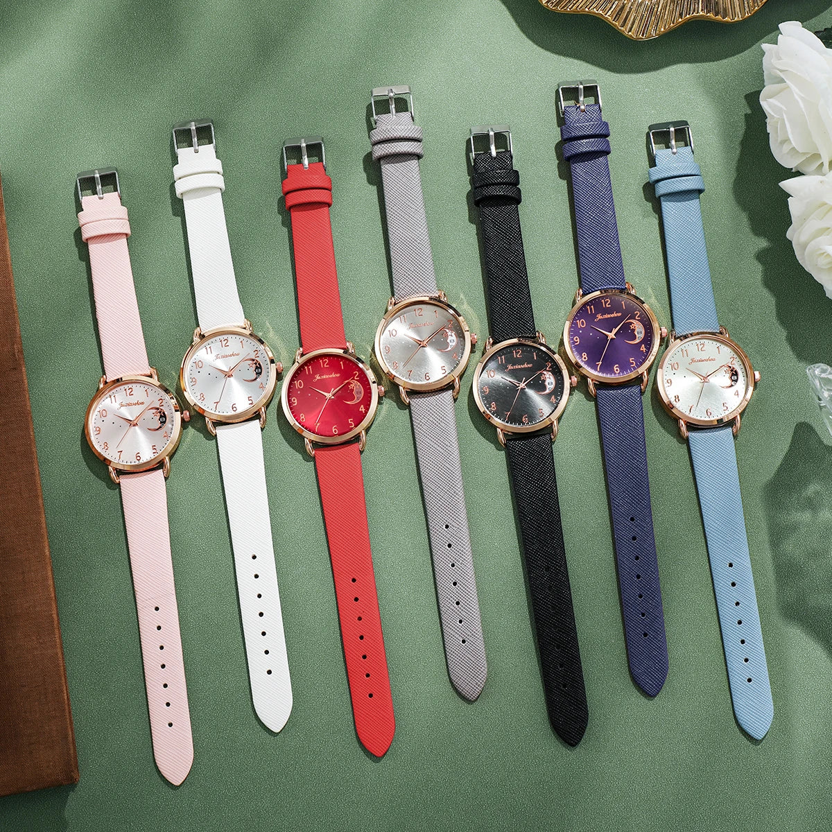 2PCS Fashion Moon Dial Women Quartz Watch Bracelet Set Casual Leather Strap Ladies Wristwatch Reloj Mujer（Without Box） Qme