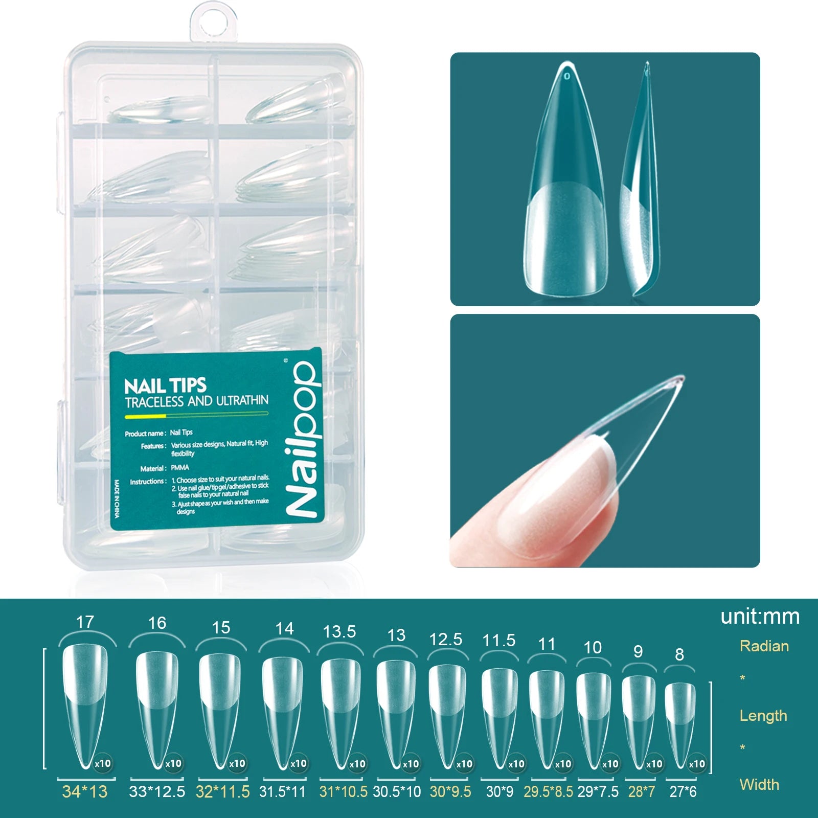 Nailpop Soft Gel Tips Nails Acrylic Material Medium Almond Coffin Qme L-Stiletto 120