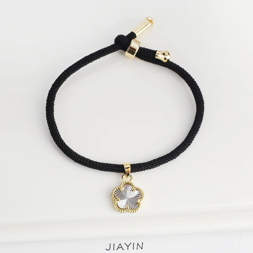 Simple Black Rope Braided Natural Stone Five Leaf Flower Bracelet Classic for Woman Girl High Quality Party Jewelry Gift Clover Qme Silver
