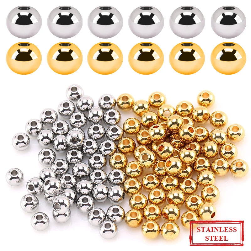 Original Gold Color Metal Spacer Beads 304 Stainless Steel Smooth Round Loose Beads Qme