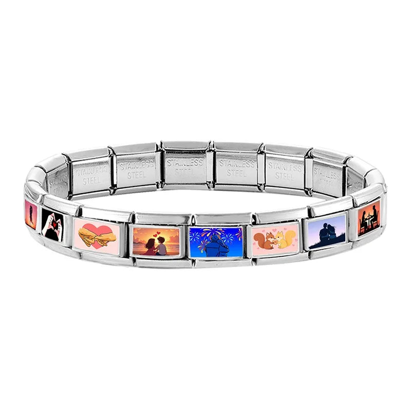 2026New Romantic Encounter With The Pink Sky Dancing Italian Charm Links Fit 9MM Stainless Steel Bracelet DIY Making Gift Couple Qme