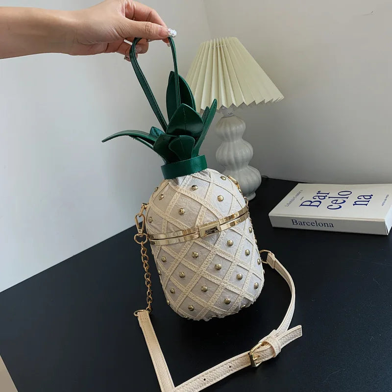 Women Pineapple-Shaped Crossbody Bag PU Leather Rivets Chain Strap Shoulder Bag Tote Novelty Handbags Summer Beach for Girls Qme White