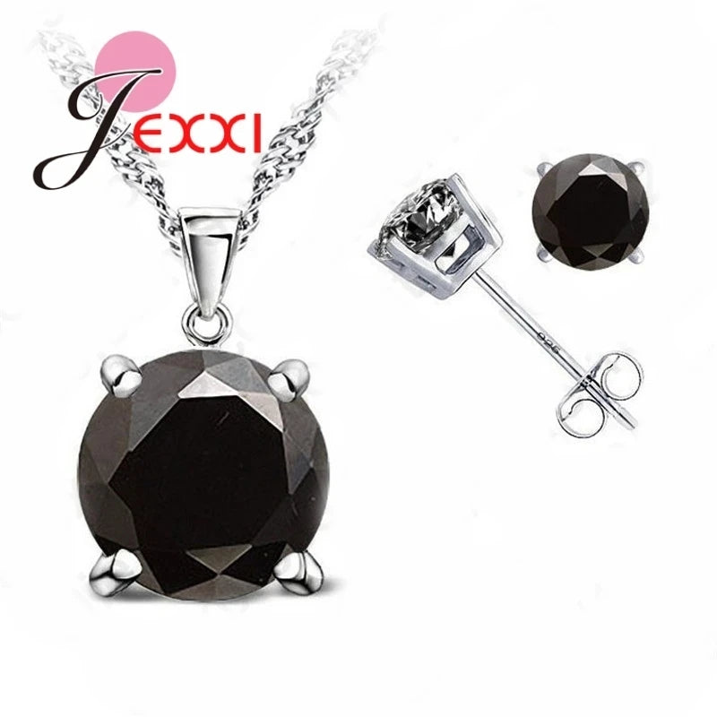 Top Sale CZ Cubic Zirconia Good Quality 925 Sterling Silver Color Jewelry Sets Stud Earring Pendant Necklace for Wedding Qme Black