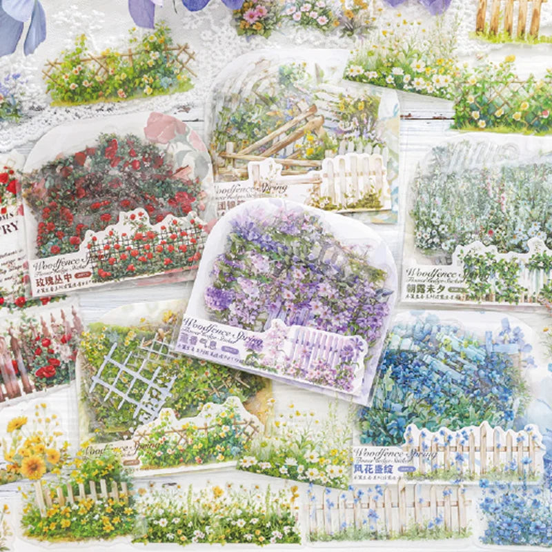 30 Sheets/Bag Floral Wooden Fence PET DieCut Sticker DIY Scrapbooking Journal Planner Notebook Phone Case Office Stationery Gift Qme