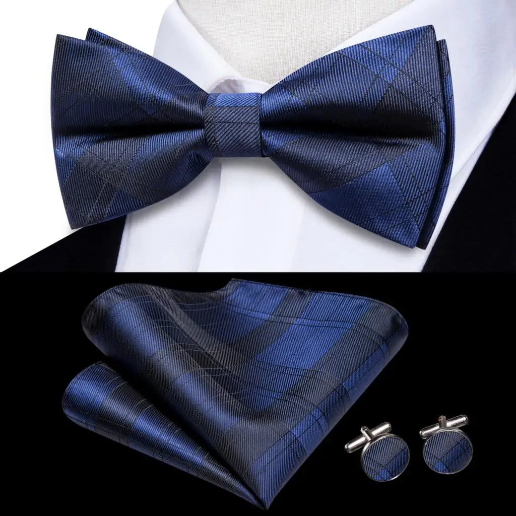 Hi-tie Striped Black Red Mens Bow Tie Hankerchief Cufflink Pre-tied