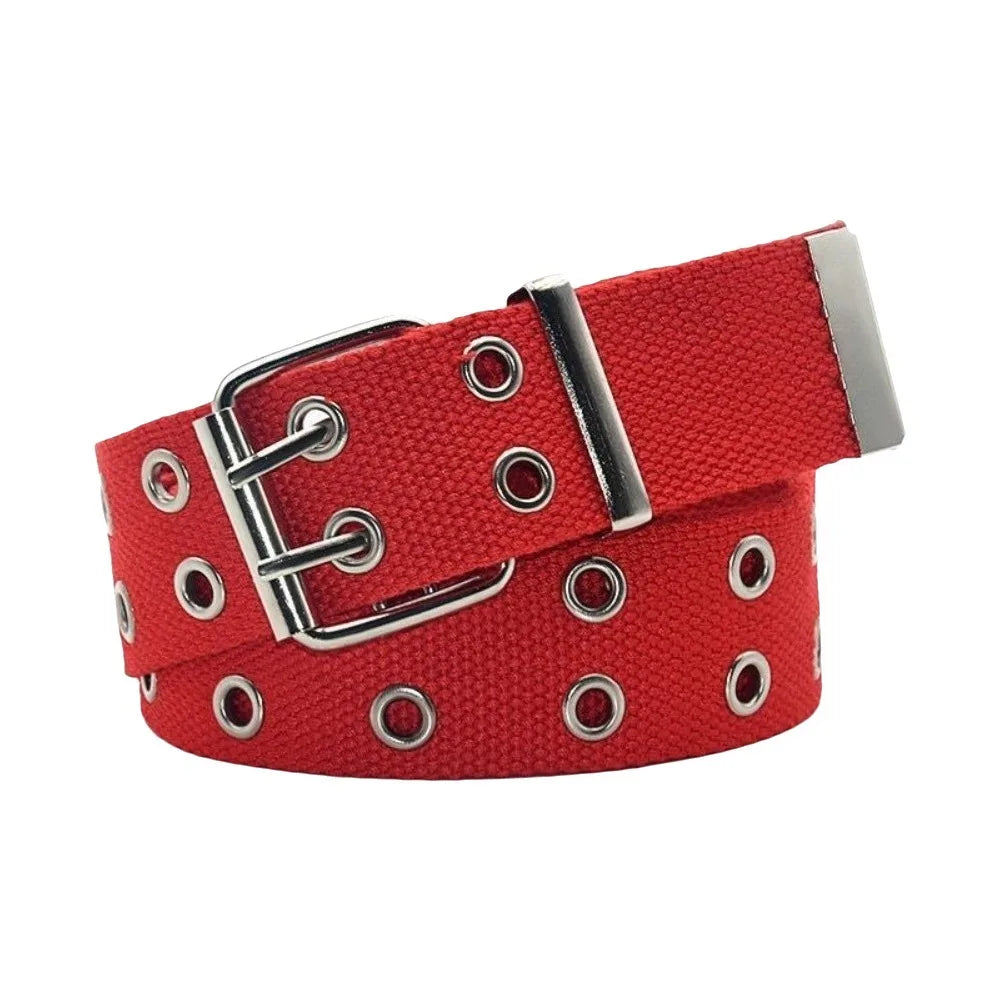 Outdoor Solid Canvas Waist Belt Double Row Nylon Woven Belts Metal Qme Red