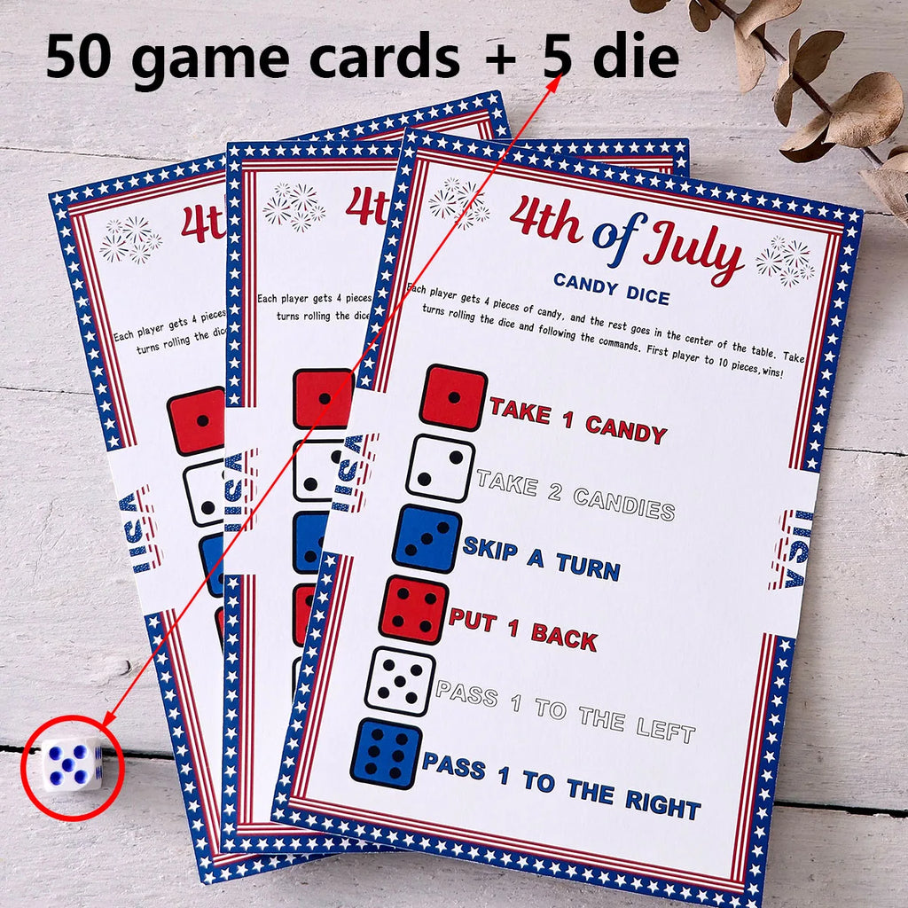 5–50Pcs Independence Day Star-Bordered Dice-Themed Game Cards—Creative Independence Day Gifts, Board Games, and Party Supplies Qme White-50Pcs