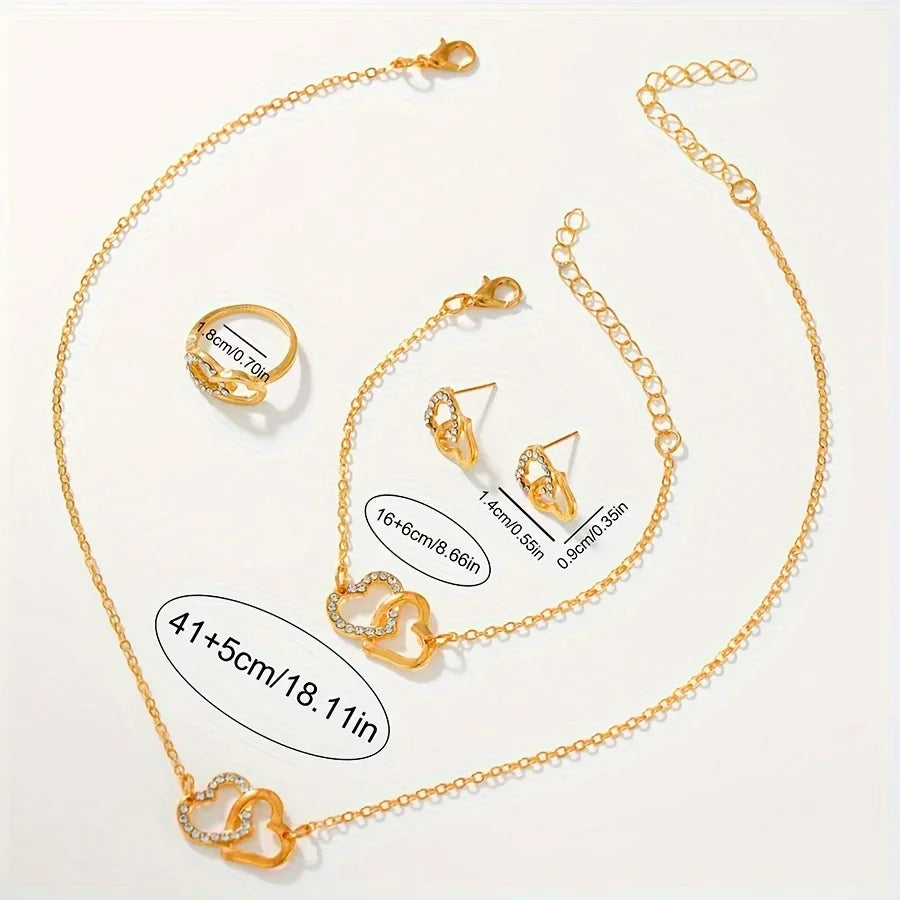 6pcs/set Women's Shiny Rhinestone Quartz Watch Analog Stainless Steel Band Wrist Watch & Heart Jewelry Set, Gift For Mom Her Qme