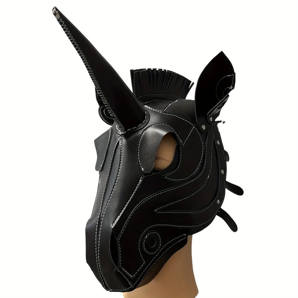 Unicorn Mask Full Face Hood Cosplay Steampunk Halloween Costume Props Party Dress-Up Adjustable Horse Head Animal Hood Handmade Qme Black