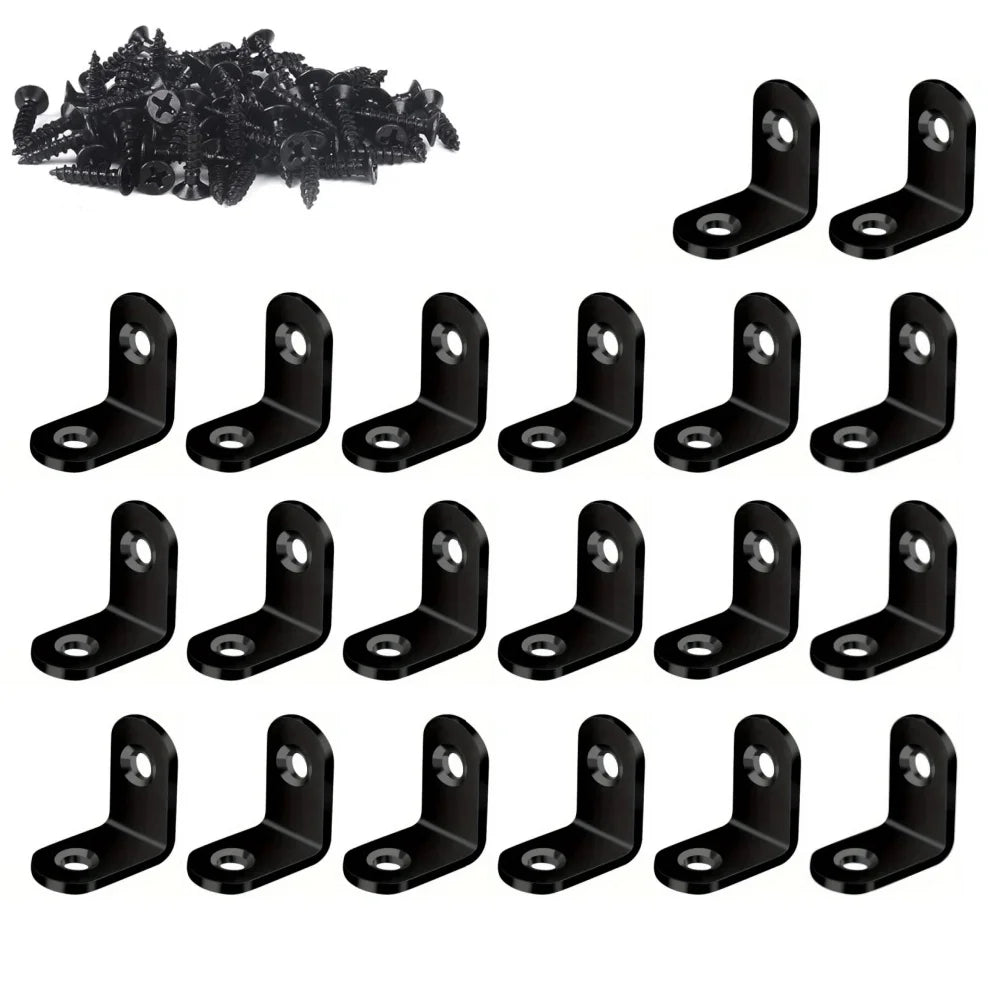 100-10PCS Stainless Steel L-shaped Corner Bracket 90 Degree Furniture Layer Board Fixed Connection Angle Bracket with Screws Qme Black20pcs