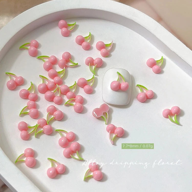 50pcs Pink Cherry Nail Charms, 3D Resin Cute Strawberry Fruit Nail Art Decorations, Flat Back Green Leaf Cherry DIY Manicure Qme 02 50pcs L